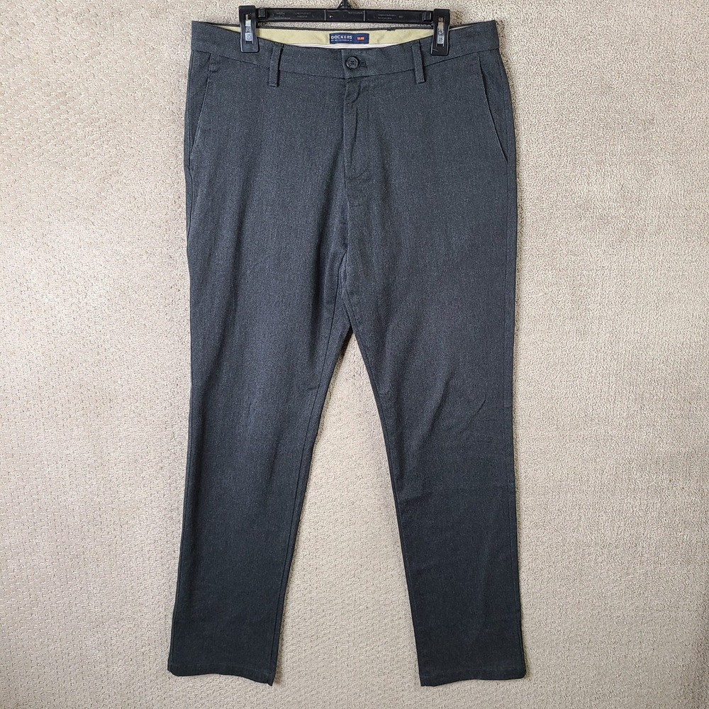 Dockers Pants Mens‎ 34x34 Gray Slim Fit Flat Front Flex Comfort Signature Khaki